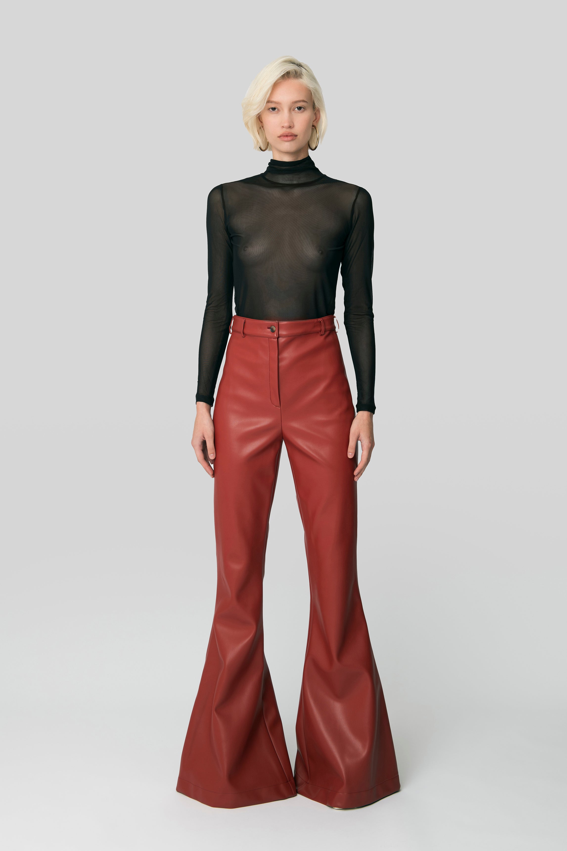 Faux Leather Bell Bottom Pants in Red