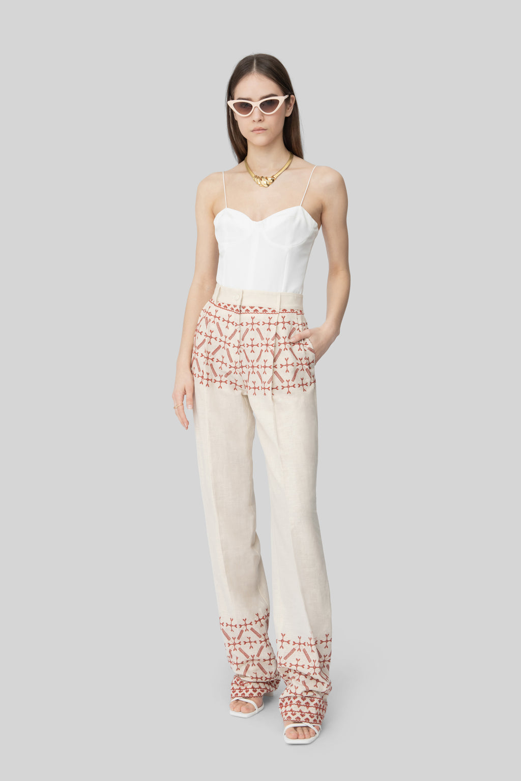 The Cream & Red Embroidered Linen Diane Pants