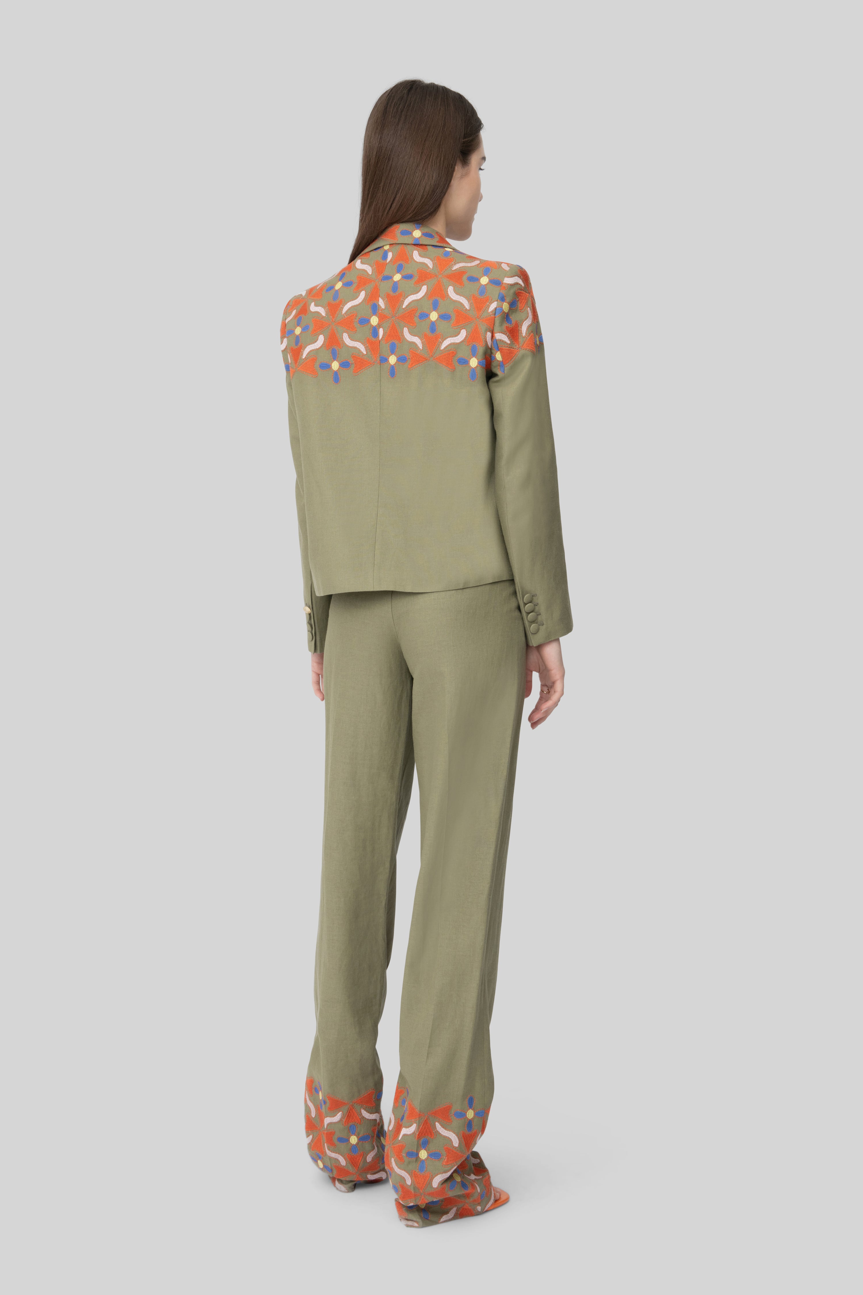 The Army Green & Orange Embroidered Linen Diane Blazer