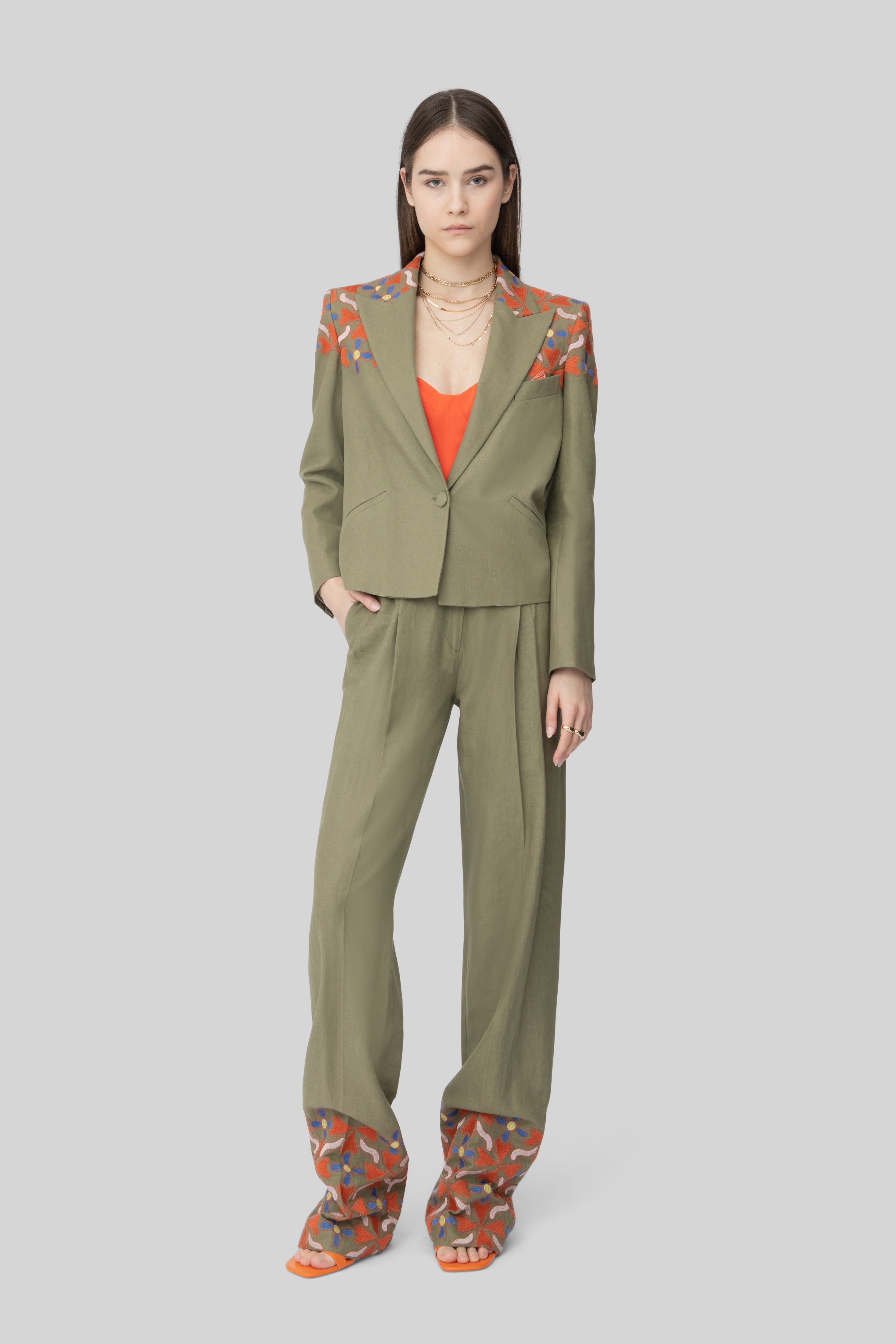 The Army Green & Orange Embroidered Linen Diane Blazer