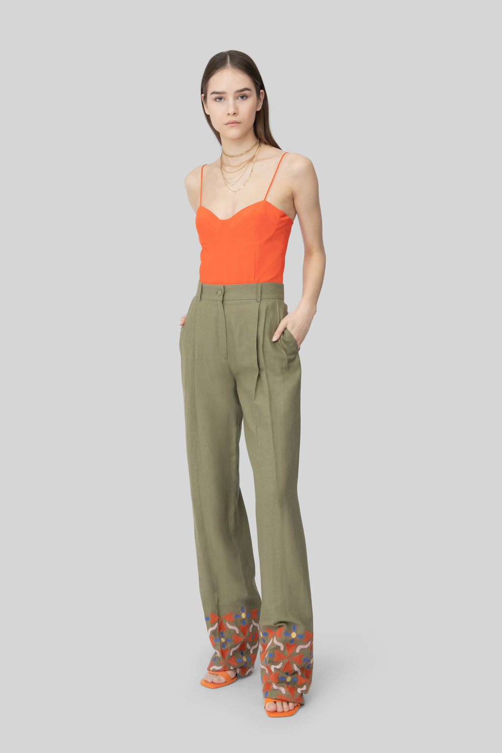 The Army Green & Orange Embroidered Linen Diane Pants