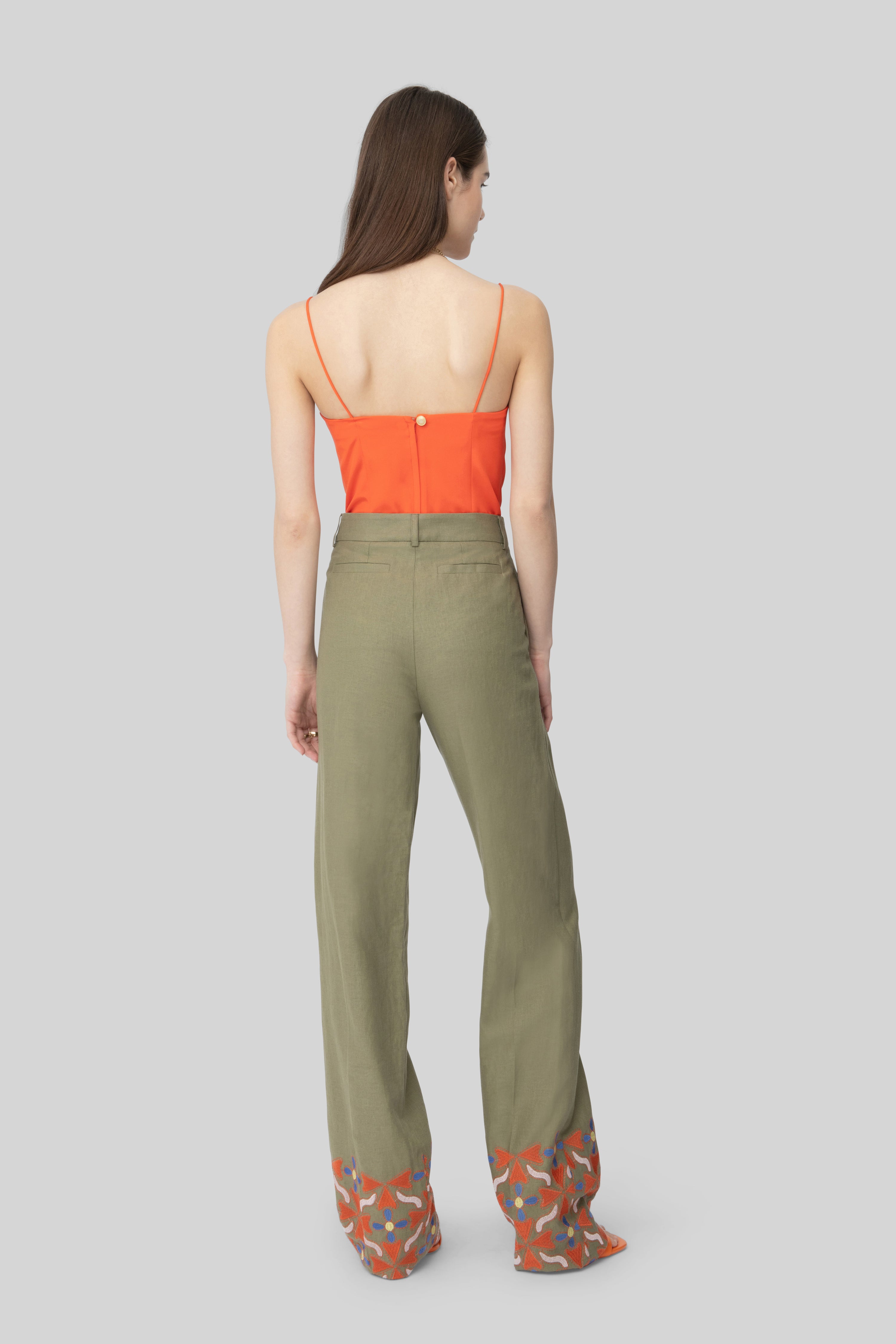 The Army Green & Orange Embroidered Linen Diane Pants