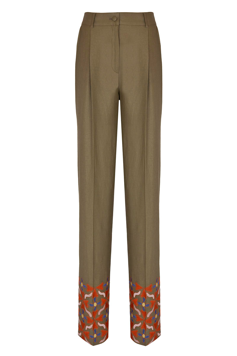 The Army Green & Orange Embroidered Linen Diane Pants